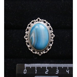 Брошь из агата синего (тонировка), с ажурным контуром,  цвет ант. серебро, овал 25х18мм