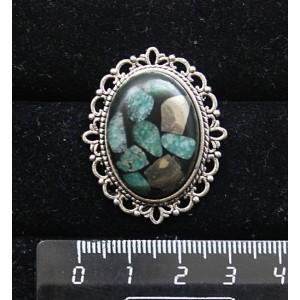 Брошь из амазонита и пирита, мозаика, с ажурным контуром,  цвет ант. серебро, овал 25х18мм