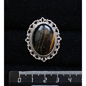 Брошь из тигрового глаза, с ажурным контуром,  цвет ант. серебро, овал 25х18мм