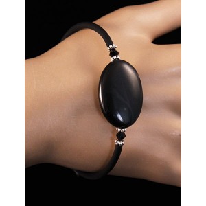 Браслет из обсидиана серебристого на струнке, овал 30х20мм