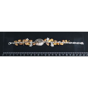 Браслет из родонита овал 25х18мм + галтовка янтарь, на цепочке