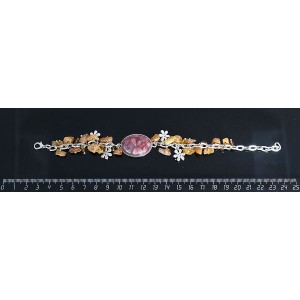 Браслет из турмалина, кабошон-мозаика, овал 25х18мм + галтовка янтарь, на цепочке