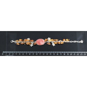 Браслет из халцедона розового,  овал 25х18мм + галтовка янтарь, на цепочке