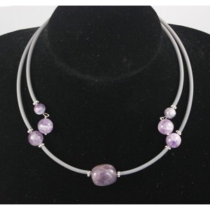 Колье из аметиста на струнке, галтовка 20х15мм + шарик 12мм