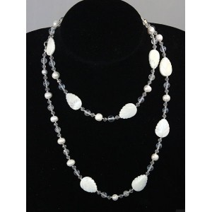 Колье длинное 90см из горного хрусталя, перламутра белого, жемчуга белого