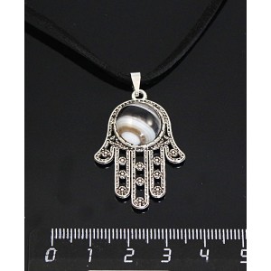 Кулон из агата черного, круг 12мм, "хамса"