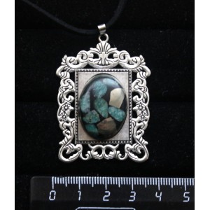 Кулон из амазонита и пирита, мозаика,"портрет", овал 25х18мм