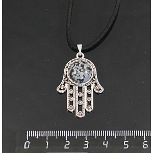 Кулон из обсидиана снежного, круг 12мм, "хамса"