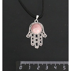 Кулон из родонита, круг 12мм, "хамса"