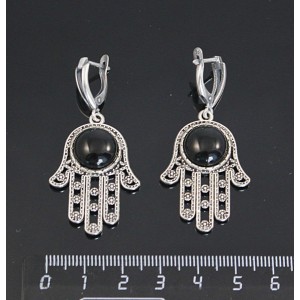 Серьги из агата черного, круг 12мм, "хамса", швензы посеребрение