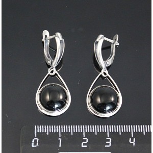 Серьги из агата черного, круг 12мм, "капелька", швензы посеребрение