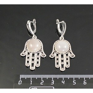 Серьги из агата серого, круг 12мм, "хамса", швензы посеребрение