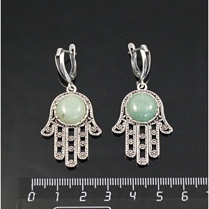 Серьги из авантюрина зеленого, круг 12мм, "хамса", швензы посеребрение