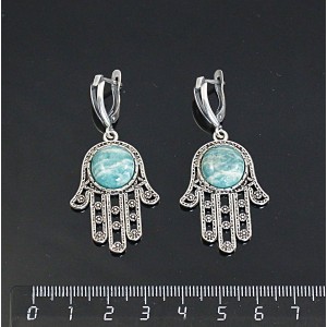 Серьги из амазонита, круг 12мм, "хамса", швензы посеребрение