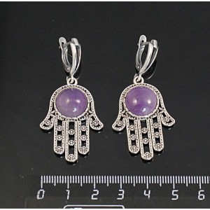 Серьги из аметиста, круг 12мм, "хамса", швензы посеребрение