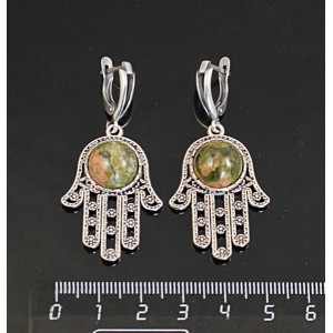 Серьги из унакита, круг 12мм, "хамса", швензы посеребрение