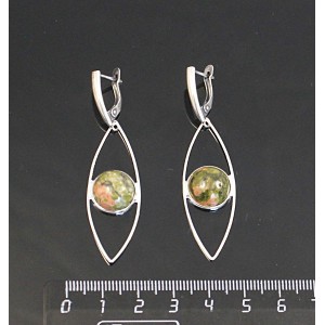 Серьги из унакита, круг 12мм, "глаз", швензы посеребрение