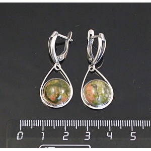 Серьги из унакита, круг 12мм, "капелька", швензы посеребрение