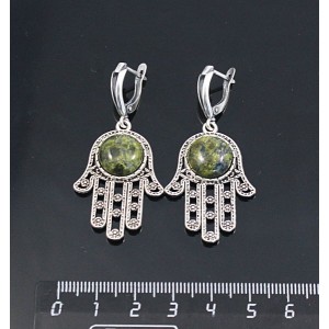 Серьги из змеевика, круг 12мм, "хамса", швензы посеребрение