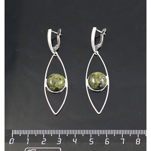 Серьги из змеевика, круг 12мм, "глаз", швензы посеребрение