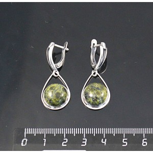 Серьги из змеевика, круг 12мм, "капелька", швензы посеребрение