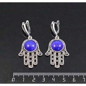 Серьги из кошачьего глаза (синт.), цвет синий индиго, круг 12мм, "хамса", швензы посеребрение
