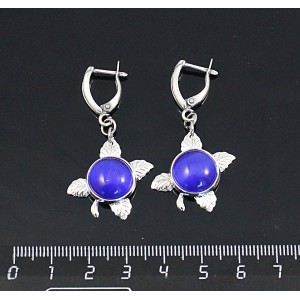 Серьги из кошачьего глаза (синт.), цвет синий индиго, круг 12мм, "ягодка", швензы посеребрение