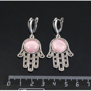 Серьги из кошачьего глаза (синт.), цвет розовый, круг 12мм, "хамса", швензы посеребрение