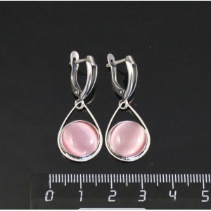 Серьги из кошачьего глаза (синт.), цвет розовый, круг 12мм, "капелька", швензы посеребрение