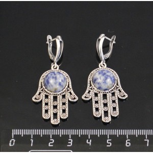 Серьги из лазурита бело-синого, круг 12мм, "хамса", швензы посеребрение