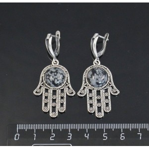 Серьги из обсидиана снежного, круг 12мм, "хамса", швензы посеребрение