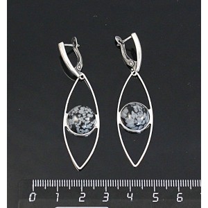 Серьги из обсидиана снежного, круг 12мм, "глаз", швензы посеребрение