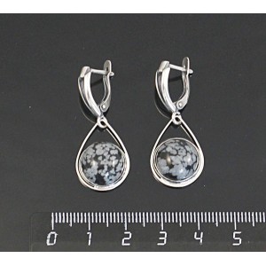 Серьги из обсидиана снежного, круг 12мм, "капелька", швензы посеребрение