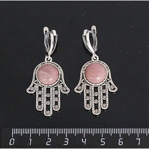 Серьги из родонита, круг 12мм, "хамса", швензы посеребрение