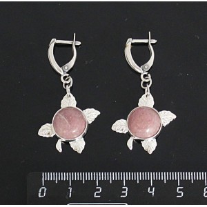 Серьги из родонита, круг 12мм, "ягодка", швензы посеребрение