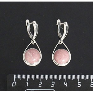 Серьги из родонита, круг 12мм, "капелька", швензы посеребрение