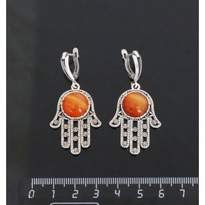 Серьги из cердолика полосатого, круг 12мм, "хамса", швензы посеребрение