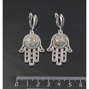 Серьги из хризоколла, круг 12мм, "хамса", швензы посеребрение