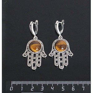 Серьги из тигрового глаза, круг 12мм, "хамса", швензы посеребрение