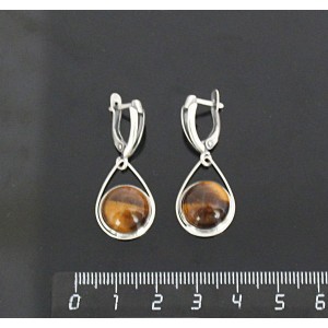Серьги из тигрового глаза, круг 12мм, "капелька", швензы посеребрение