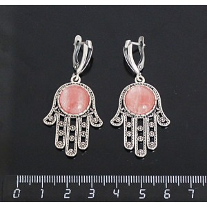 Серьги из халцедона розового, круг 12мм, "хамса", швензы посеребрение