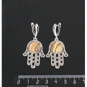 Серьги из яшмы песочной, круг 12мм, "хамса", швензы посеребрение