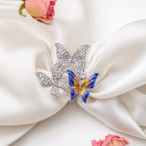 Кольцо для платка "Бабочки", цветное, цвет серебристый (стразы, эмаль)