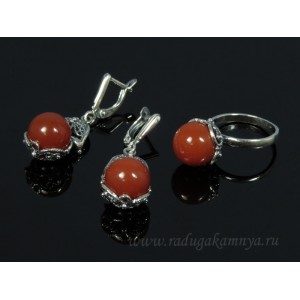 Комплект: кольцо и серьги из сердолика, шарик, мельхиор