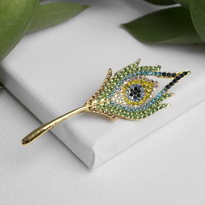 Брошь "Перо" жар-птицы, цветная в жёлтом золоте (стразы)