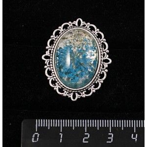 Брошь с кабошоном из пластика "два цветка",  цвет морская волна, с ажурным контуром, цвет ант. серебро, овал 25х18мм