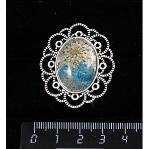 Брошь с кабошоном из пластика "два цветка",  цвет морская волна, овал 25х18мм, "ромашка"