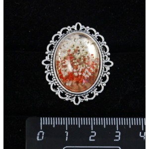 Брошь c кабошоном из пластика "два цветка", цвет красный, с ажурным контуром, цвет ант. серебро, овал 25х18мм