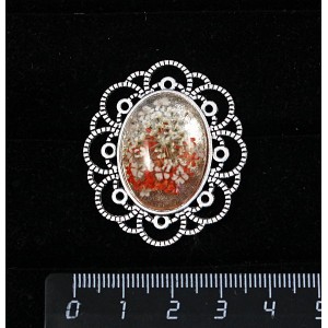 Брошь c кабошоном из пластика "два цветка", цвет красный, овал 25х18мм, "ромашка"