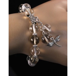 Браслет из раухтопаза и горного хрусталя, шарик 10мм гладкий, с подвесками